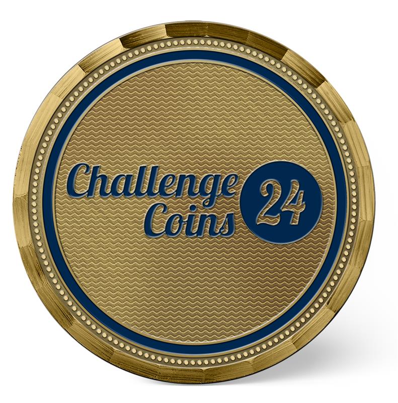 A close-up image of a gold and blue Challenge Coin. The coin
has a textured gold center with a wavy pattern. In the center,
the words "Challenge Coins" are written in a large,
dark blue font. To the right of the text, a solid blue circle
contains the number "24" in a lighter font. A thin,
dark blue ring with a dotted pattern surrounds the gold center.
The outer ring of the coin is gold with a ridged texture.