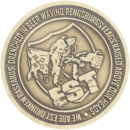 A circular, brass-colored military-style challenge coin with a raised, detailed design.