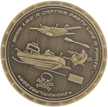 A circular, brass-colored military-style challenge coin with a raised, detailed design.