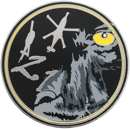 A circular military-style challenge coin with a black background and a yellow rim.