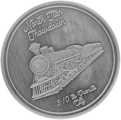 A circular, silver-toned metal coin with a raised, detailed design.