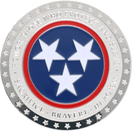 A shiny silver-toned challenge coin with a central enameled circle.
