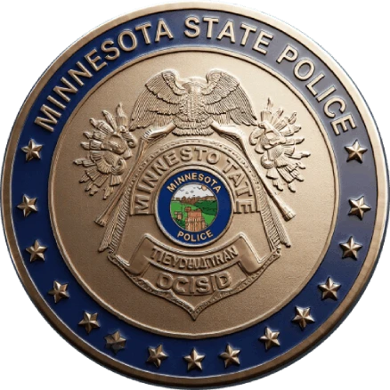 A round, bronze-colored police challenge coin with a dark blue border.