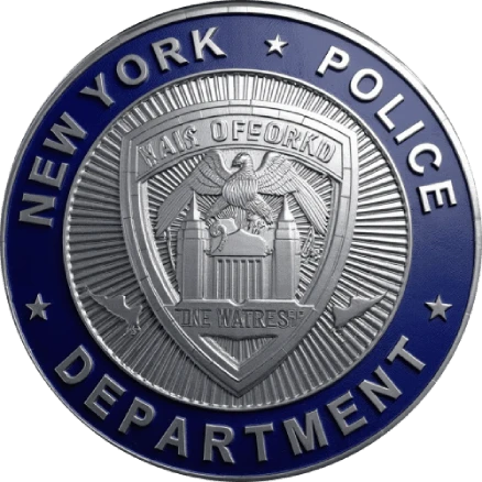 A round, silver-colored police challenge coin with a dark blue border.