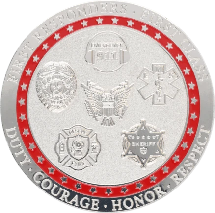 A silver-colored challenge coin with a red border.