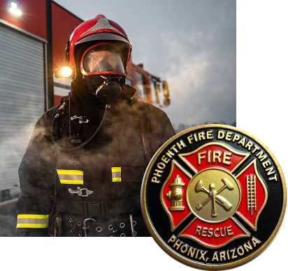 A close-up shot featuring a firefighter in full gear, standing
in front of a fire truck with smoke rising around them; image
includes a gold-colored coin with the words “Phoenix Fire Department”
and “Phoenix, Arizona” around its edge.