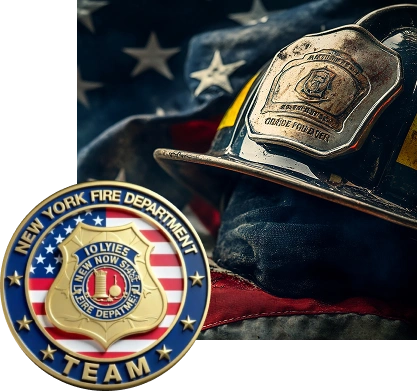 A firefighter's helmet rests on a folded American flag; image
includes a coin with a blue outer ring that reads “NEW YORK FIRE
DEPARTMENT” and “TEAM”.