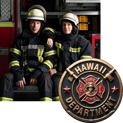 Two firefighters in full gear sit side by side, with a fire
truck visible in the background; image includes a coin that reads
“HAWAII FIRE DEPARTMENT” around the edge.
