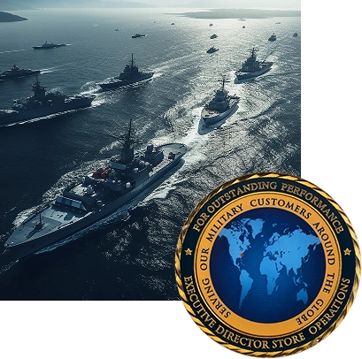 An aerial shot shows a fleet of grey naval warships
sailing in formation; image includes a coin with a world map
reads “For Outstanding Performance Serving our Military
Customers Around the Globe.