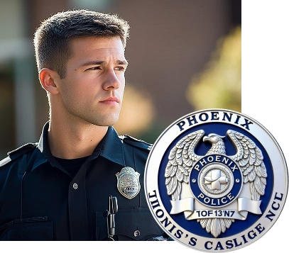 A uniformed police officer with short, neat hair looks off to
the right; image includes a coin with a silver eagle at the top, a
smaller shield in the center that reads “PHOENIX POLICE”