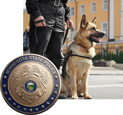 A police officer, visible from the waist down in a dark uniform,
holds the leash of a German Shepherd police dog that is sitting
attentively beside them; image includes gold and blue coin with
a shield design at the center and an eagle at the top and text
“MINNESOTA STATE POLICE” around its edge with stars.