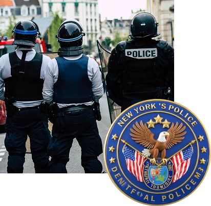 Three police officers, viewed from behind, are in riot gear
on a street; image includes blue and gold coin with an eagle,
two American flags and a state seal at the center and a text
“NEW YORK'S POLICE” around the edge with stars.