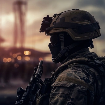 A soldier in full combat gear, including a helmet with night
vision, a mask, and camouflage fatigues, stands with a rifle.