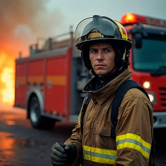 Firefighter in full protective gear standing in front of a
fire truck with flames and smoke in the background.